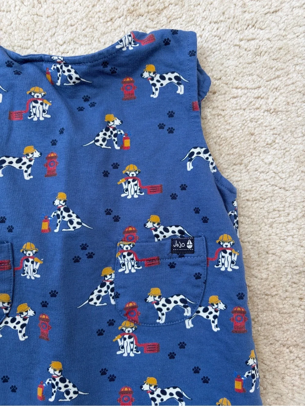 Jojo Maman Bebe Size 12-18 Months Dalmatian Dog Fire Hose Blue Overalls